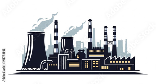 Industrial factory complex with smoking chimneys and cooling towers.