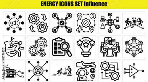 Modern, clean energy icon set featuring solar panels, wind turbines, batteries, lightning bolts, and eco symbols. Perfect for apps, websites, infographics, and sustainability branding. Scalable vector
