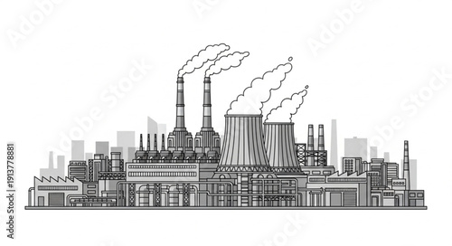 Industrial factory complex with smoking chimneys and cooling towers.