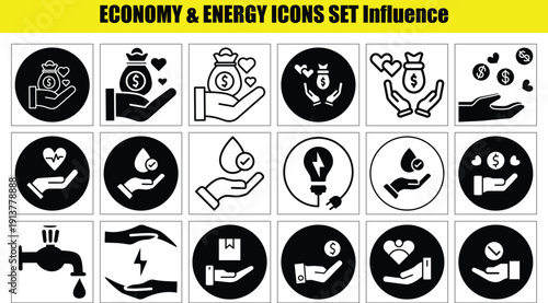 Modern, clean energy icon set featuring solar panels, wind turbines, batteries, lightning bolts, and eco symbols. Perfect for apps, websites, infographics, and sustainability branding. Scalable vector