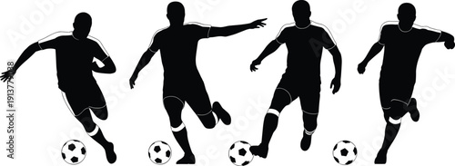 Soccer player silhouettes set, football athletes dribbling ball isolated on white background, sport action illustration collection