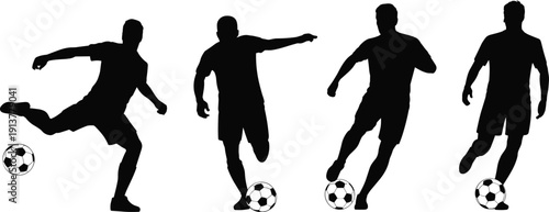 Soccer player silhouettes collection, football athletes kicking and dribbling ball isolated on white background, dynamic sport action illustration set