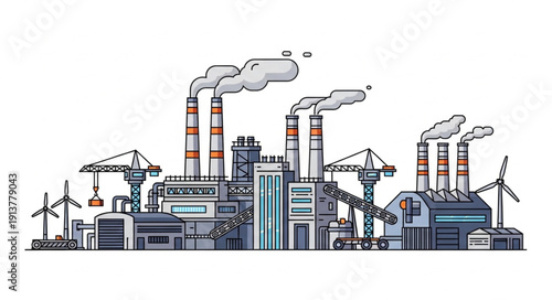 Industrial Factory Complex with Smokestacks and Wind Turbines.