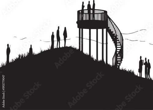 Scenic Viewpoint with Crowd Black Silhouette