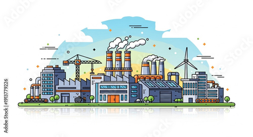Industrial factory complex with smokestacks and wind turbines.