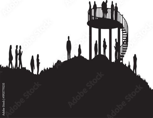 People Silhouette on Hilltop Observation Platform