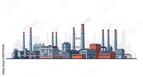 Industrial Factory Complex with Smokestacks Emitting Smoke.