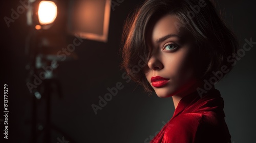 luxurious fashionable young woman in photo studio, dark background, soft studio lighting