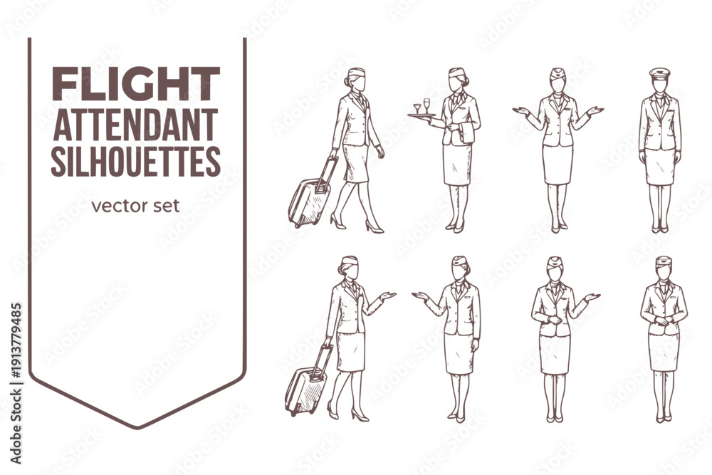 Fototapeta premium Flight Attendant Silhouettes Female-Attendant Stewardess Cabin-Crew Airline-Attendant Flight-Crew Attendant-Silhouettes Stewardess-Silhouettes Vector Set - Flight Crew
