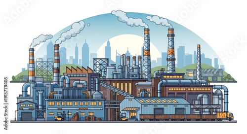 Industrial factory complex with smokestacks emitting smoke under a globe illustration.