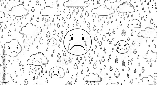 Sad Day: Cartoon Clouds, Raindrops, and Emoji with Tears Illustration for Emotional Wellbeing and Mental Health Concepts