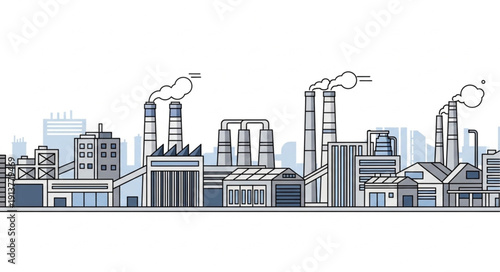 Industrial factory complex with smoking chimneys against a cityscape background.