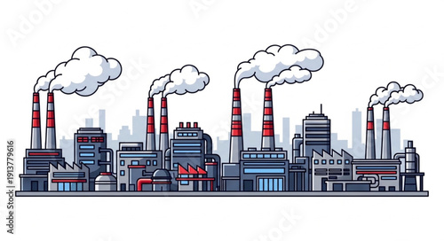 Industrial factory complex with smoking chimneys and buildings.
