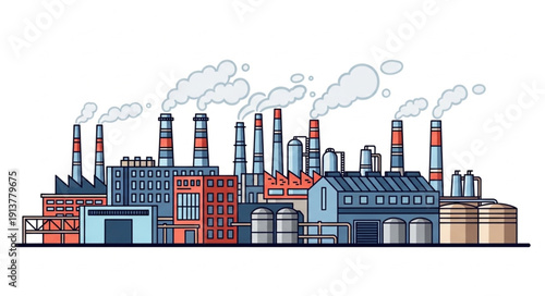 Industrial factory complex with smoking chimneys and buildings.