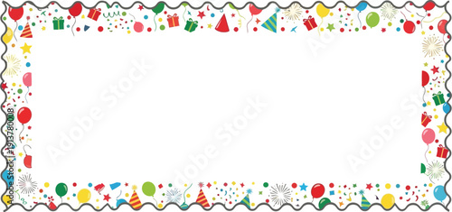 Colorful festive frame with decorations and confetti surrounding an empty white space viewed directly
