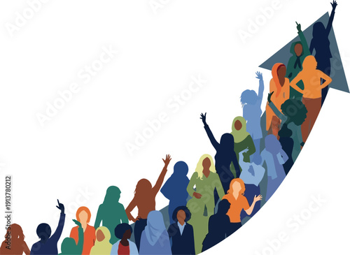 Diverse Group of People Celebrating Together on a Rising Graph Trend with Various Emotions and Actions