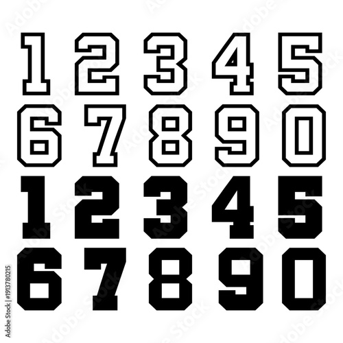 Sport numbers icon set. Athletic varsity sign and symbol collection. Jersey typography bundle. Vector illustration isolated on white background.