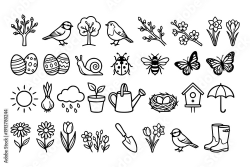 Spring doodle elements set. Hand drawn nature sign and symbol collection. Seasonal decorative sketch bundle. Vector illustration isolated on white background.