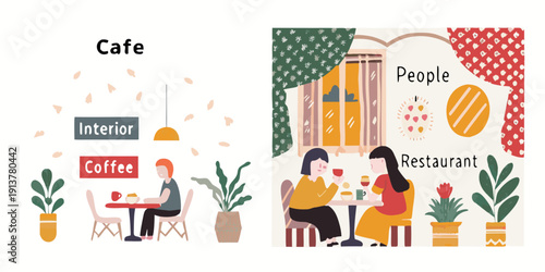 Colorful illustration depicting a cozy cafe interior with people enjoying coffee