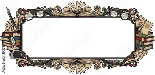 Ornate rectangular frame with vintage stationery and decorative elements surrounding a blank space