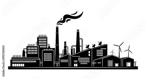 Industrial factory complex with smoking chimneys and wind turbines.