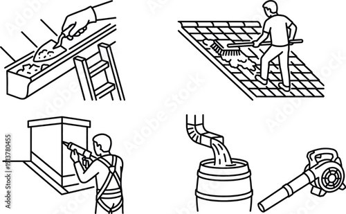 Gutter cleaning service and home roof maintenance vector illustration