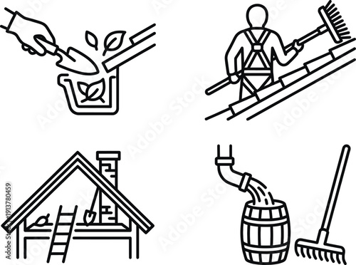 Gutter cleaning service and home roof maintenance vector illustration