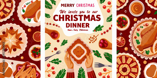 Festive christmas dinner invitation with traditional food illustrations