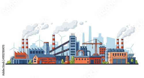 Industrial factory complex with smoking chimneys and wind turbines.