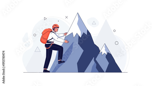 Adventurous climber scaling steep mountain peak with backpack and helmet