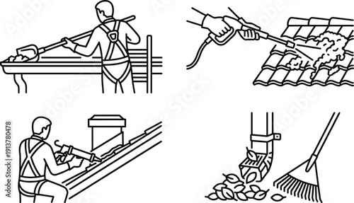 Gutter cleaning service and home roof maintenance vector illustration