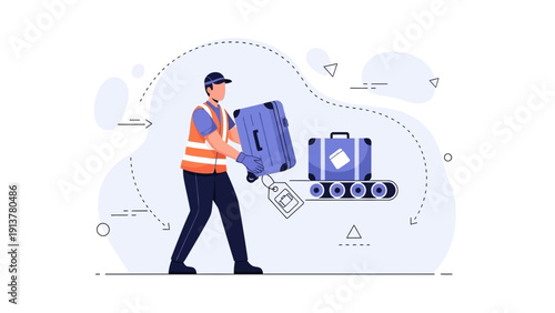 Airport worker loading luggage onto conveyor belt, travel concept illustration