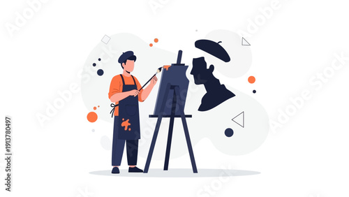 Artist painting portrait on canvas at easel with palette and brush, creative concept
