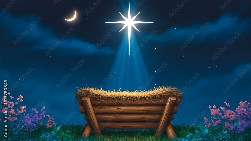Fototapeta premium Nativity scene with manger under bright star in night sky 