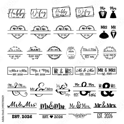 Mr and Mrs 2026 typography set. Wedding and anniversary symbol collection. Bridal shower and marriage celebration bundle. Vector illustration isolated on white background.