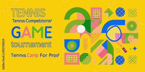 Bright poster design promoting tennis competitions games and a pro camp