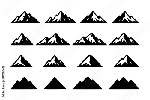 Mountain silhouette vector set. Logo icon symbol collection. Minimalist outdoor adventure style. Isolated on white background.