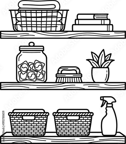 Laundry room shelves vector illustration in minimalist home interior
