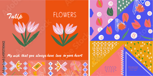 Colorful floral illustration featuring tulips and abstract geometric shapes