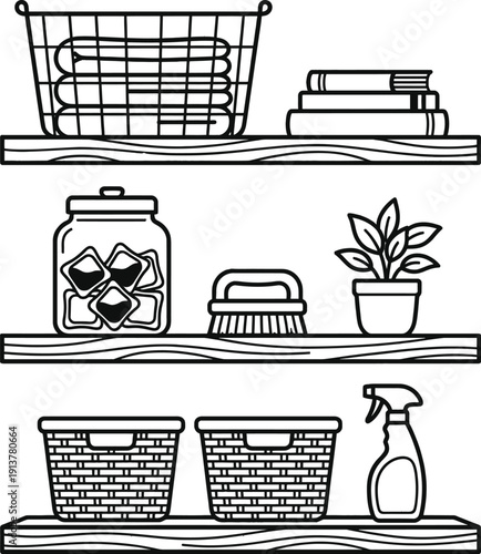 Laundry room shelves vector illustration in minimalist home interior