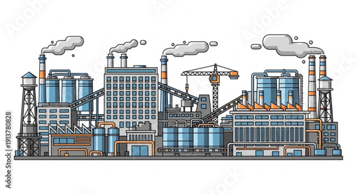 Industrial factory complex with smoking chimneys and cranes.