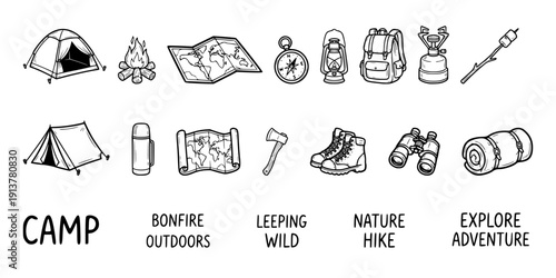 Camping doodle elements set. Adventure and outdoor activities icon collection. Hiking and travel equipment bundle. Vector illustration isolated on white background.
