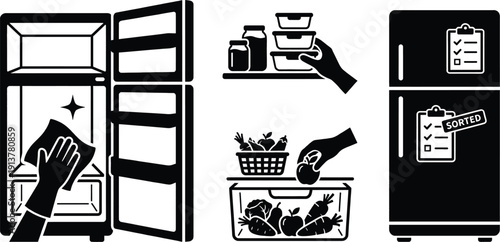 Refrigerator deep cleaning and food sorting vector illustration