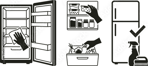 Refrigerator deep cleaning and food sorting vector illustration