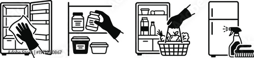 Refrigerator deep cleaning and food sorting vector illustration
