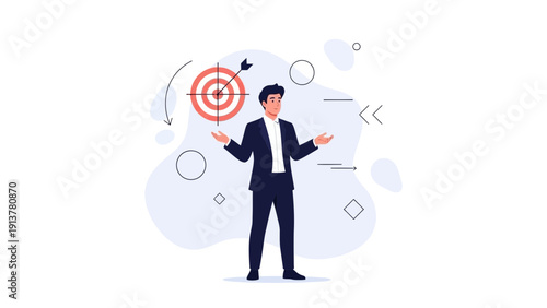 Businessman aiming for success, target and arrow, strategic planning, business goals