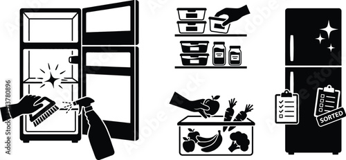 Refrigerator deep cleaning and food sorting vector illustration