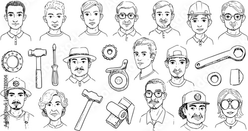 Hand-drawn collection of diverse male and female faces with various work tools, representing different professions and skilled labor.
