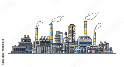 Industrial factory complex with smoking chimneys and intricate structures.
