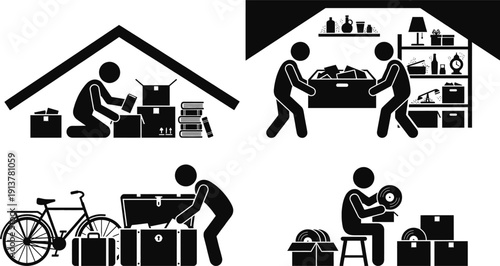 Storage box organization in attic with sorting cardboard containers